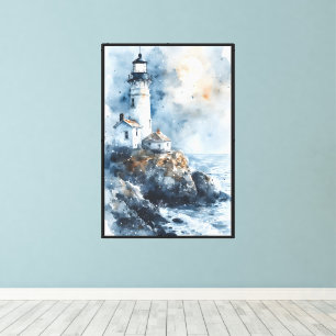 Moonlit Lighthouse on Rocky Coastline Canvas Print