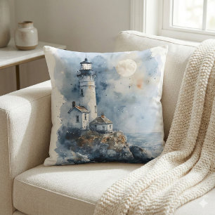 Moonlit Lighthouse on Rocky Coastline Cushion