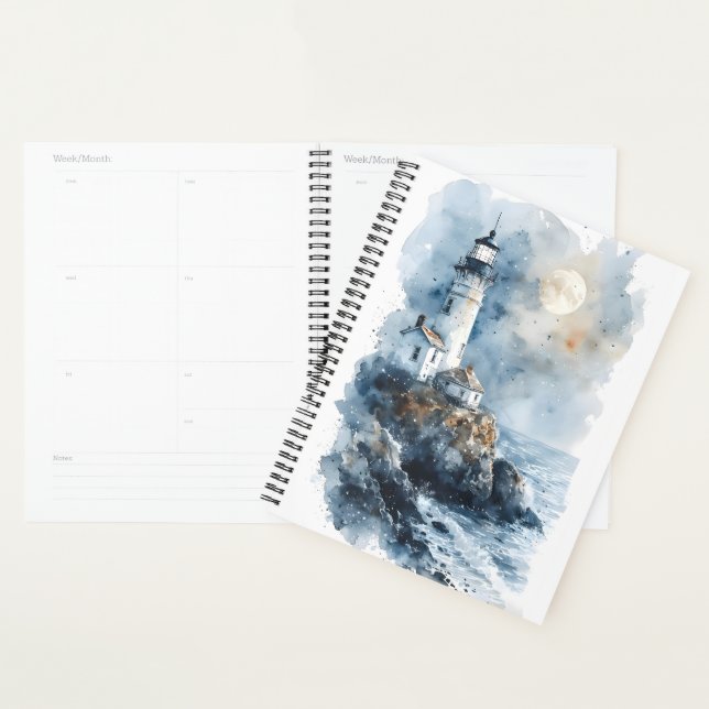 Moonlit Lighthouse on Rocky Coastline Planner (Display)