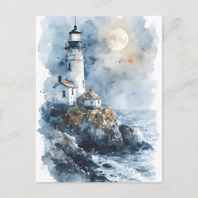 Moonlit Lighthouse on Rocky Coastline Postcard (Front)