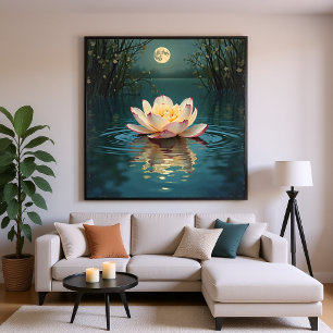 Moonlit Lotus Flower on Water - Tranquil Night Poster