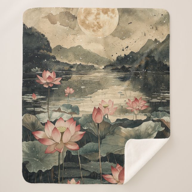 Moonlit Lotus Lake (1) Sherpa Blanket (Front)
