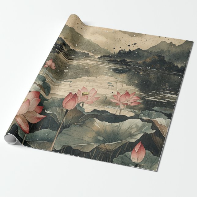 Moonlit Lotus Lake (1) Wrapping Paper (Unrolled)
