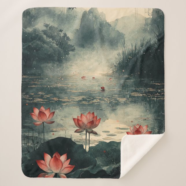 Moonlit Lotus Lake (2) Sherpa Blanket (Front)