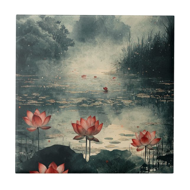Moonlit Lotus Lake (2) Tile (Front)