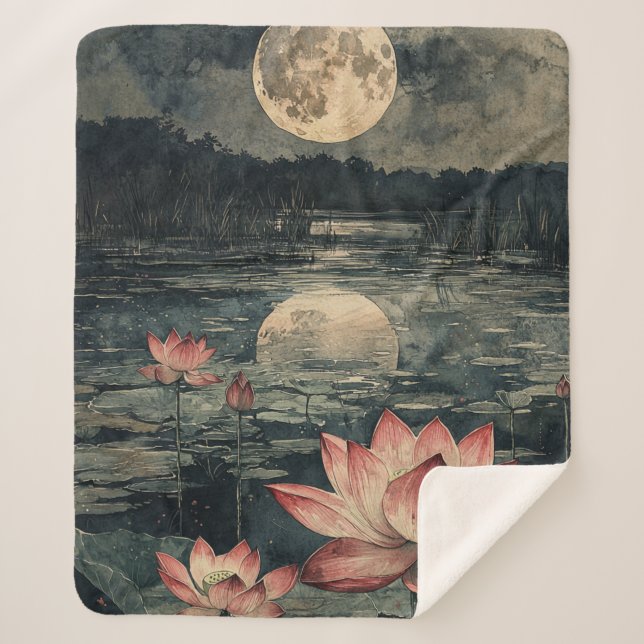 Moonlit Lotus Lake (4) Sherpa Blanket (Front)