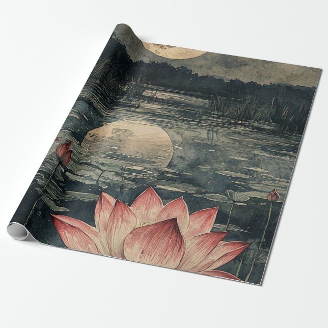 Moonlit Lotus Lake (4) Wrapping Paper (Unrolled)