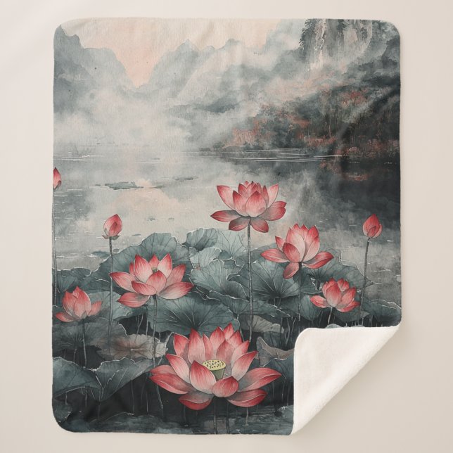 Moonlit Lotus Lake (5) Sherpa Blanket (Front)
