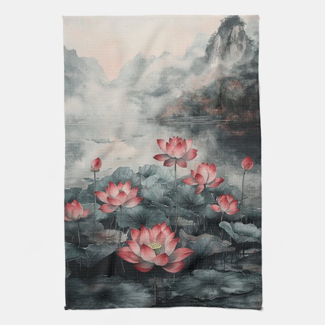 Moonlit Lotus Lake (5) Tea Towel (Vertical)