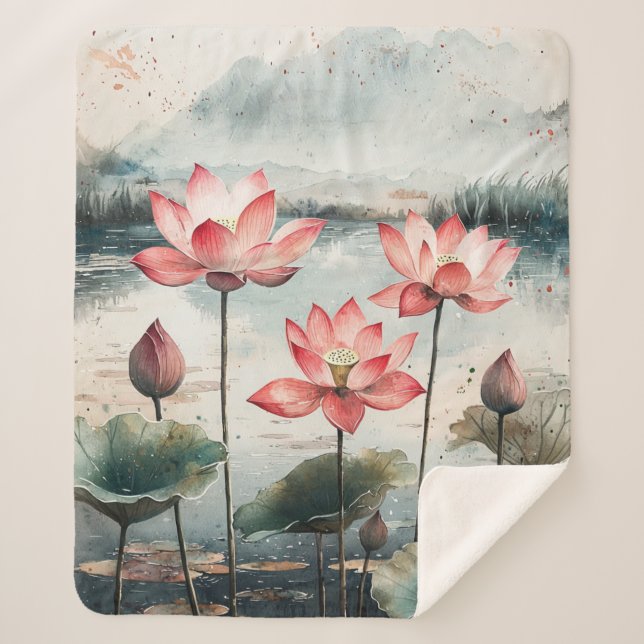 Moonlit Lotus Lake (7) Sherpa Blanket (Front)