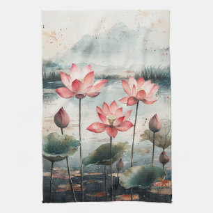 Moonlit Lotus Lake (7) Tea Towel