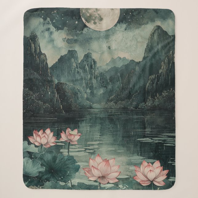 Moonlit Lotus Lake (8) Sherpa Blanket (Front)