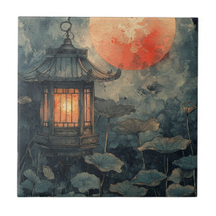Moonlit Lotus Lantern Watercolor Tile