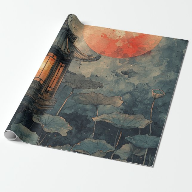 Moonlit Lotus Lantern Watercolor Wrapping Paper (Unrolled)