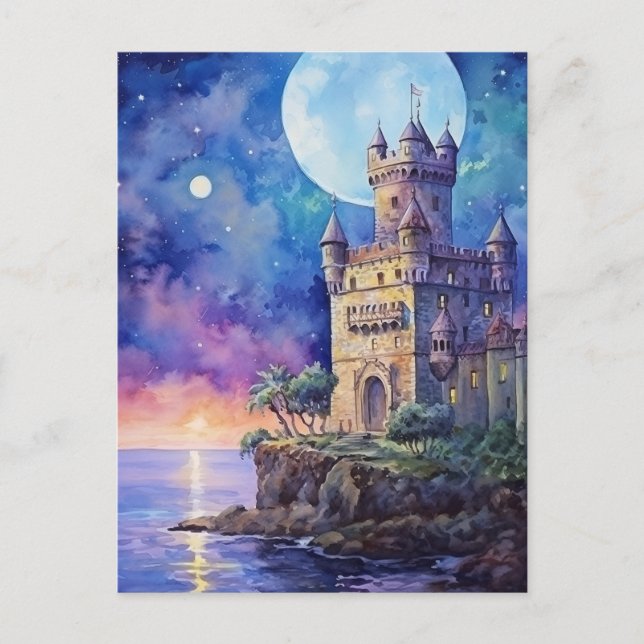Moonlit Magic Over a Portuguese Cliffside Castle Holiday Postcard (Front)