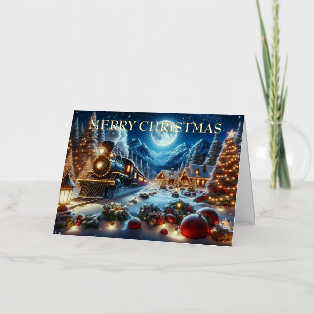 Moonlit Magical Snowy Winter Holiday Train Scene (Front)