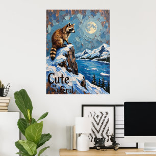 Moonlit Majesty: Raccoon Over Snowy Lake Poster