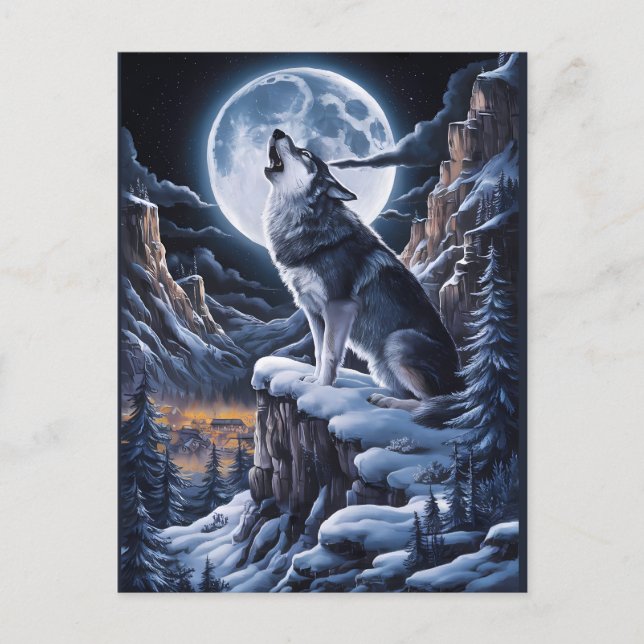 Moonlit Majesty: Wolf Atop Mountain Postcard (Front)