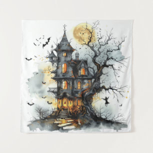 Moonlit Malice: The Witching Hour Manor Halloween Tapestry