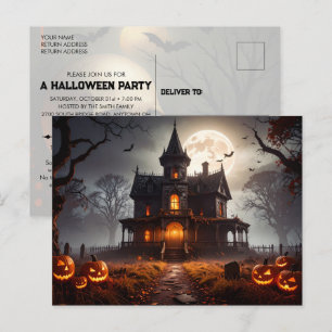 Moonlit Mansion Halloween Party Invitation Postcard