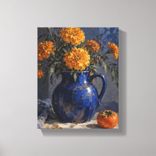 Moonlit Marigolds in a Cobalt Jug Hand Painted F Canvas Print