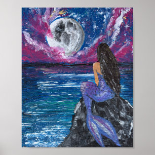 Moonlit mermaid handmade artwork poster