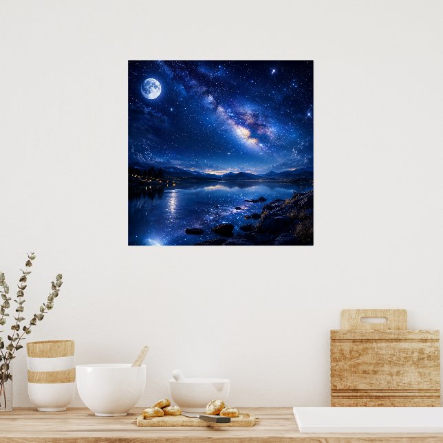 Moonlit Milky Way Reflection — Night Sky Lake Land Poster (Kitchen)