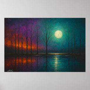 Moonlit Mirage Fiery Trees and Teal Reflections Poster