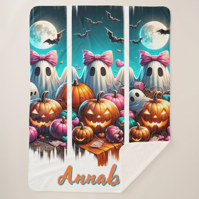 Moonlit Mischief – Ghosts in Pink Bows Sherpa Blanket (Front)