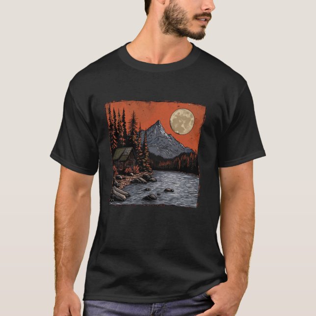 Moonlit Mountain Cabin Rustic Nature Landscape Des T-Shirt (Front)