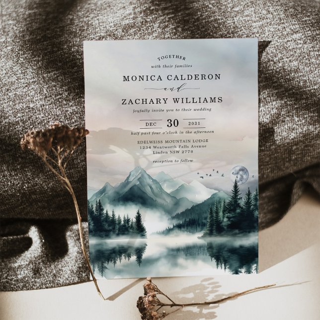 Moonlit Mountain Pine Tree Forest Wedding Invitation (Creator Uploaded)