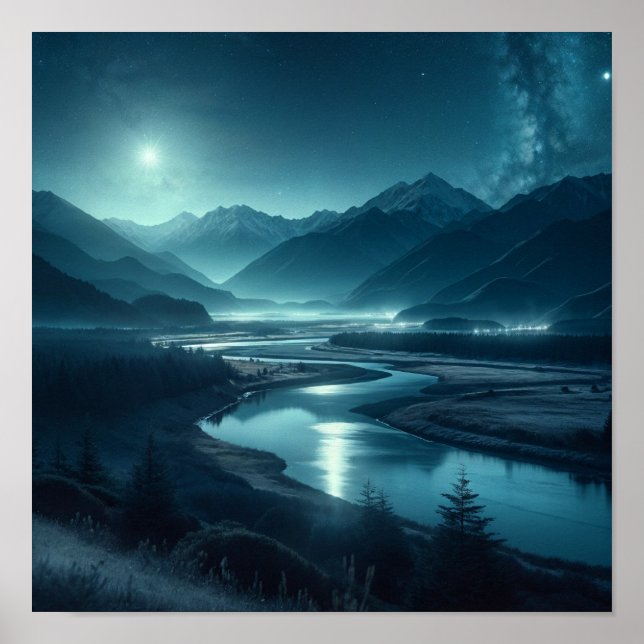 Moonlit Mountain River Under Stars Poster (Front)