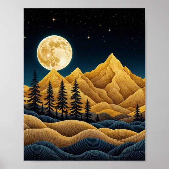 Moonlit Mountains and Pine Forest Poster (Front)