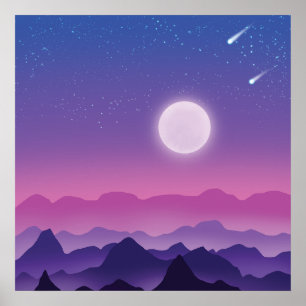 Moonlit Mountains In Purple Poster