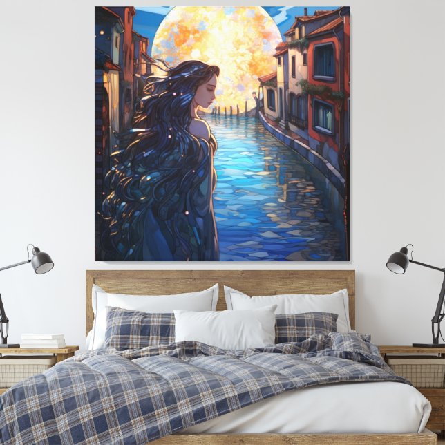 Moonlit Muse in Venice – Fantasy Canvas Wall Art (Insitu(Bedroom))