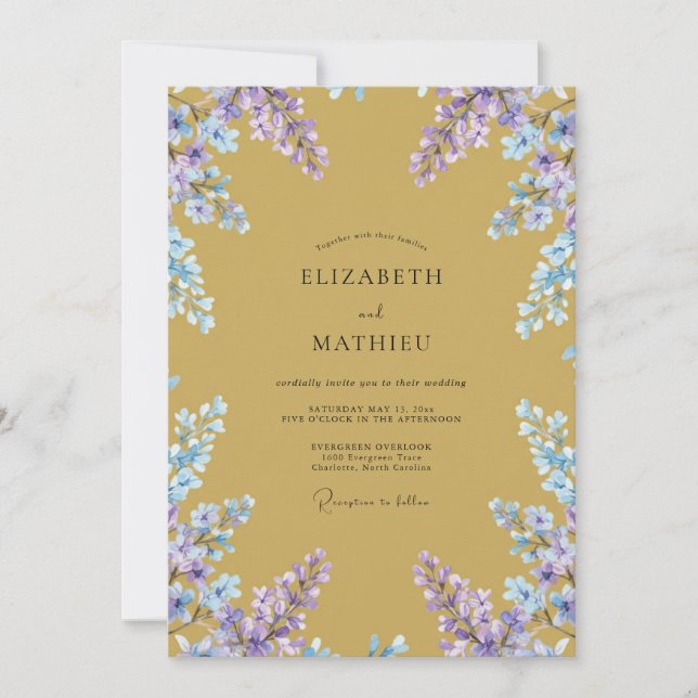 Moonlit Mustard Periwinkle Wisteria Wedding Invitation (Front)