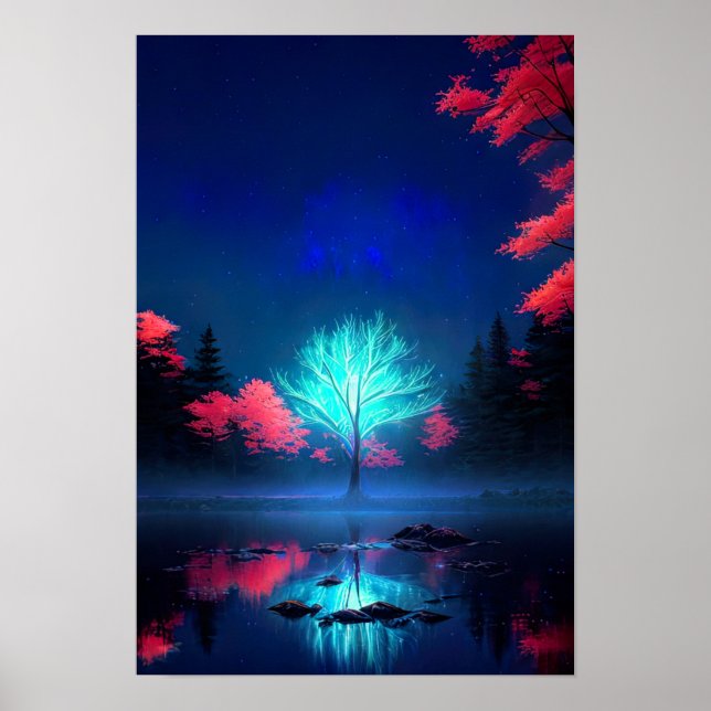 Moonlit Mystery, The Enigmatic Tree Bathed in Blue Poster (Front)