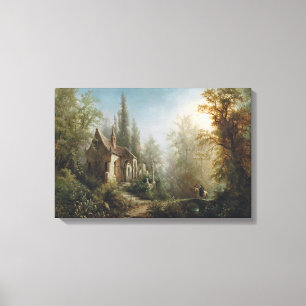 Moonlit Night over Country Chapel and Horse Riders Canvas Print