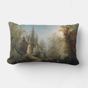 Moonlit Night over Country Chapel and Horse Riders Lumbar Cushion