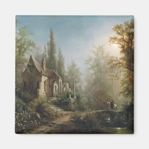 Moonlit Night over Country Chapel and Horse Riders Magnet