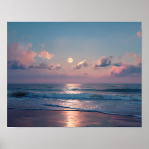 Moonlit Ocean Wall Art Pastel Night Sea Landscap