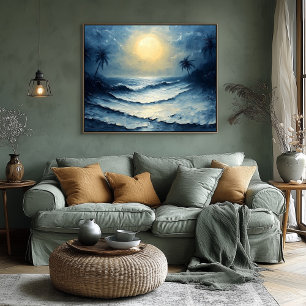 Moonlit Ocean Waves – Abstract Seascape with Palms Poster