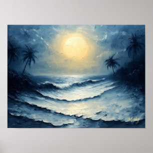 Moonlit Ocean Waves – Abstract Seascape with Palms Poster