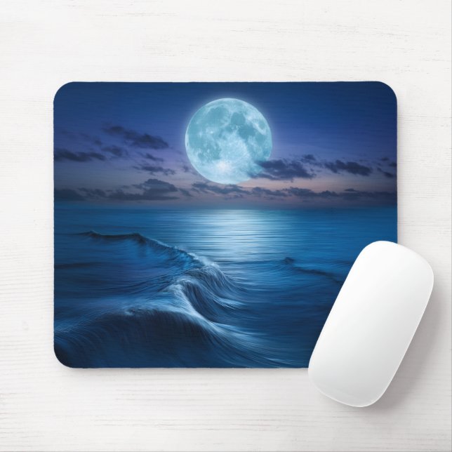 Moonlit Ocean Waves with Full Moon Mouse Pad (With Mouse)