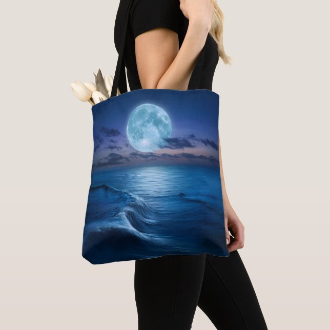 Moonlit Ocean Waves with Full Moon Tote Bag (Close Up)