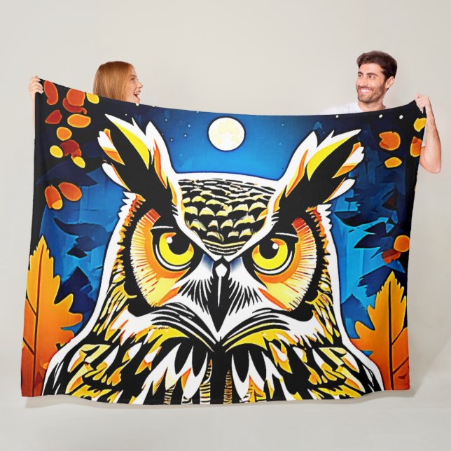 Moonlit Owl Gaze Fleece Blanket (In Situ)