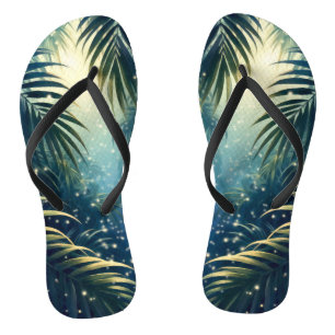 Moonlit palm leaves & twinkling bugs, watercolor jandals