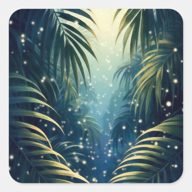 Moonlit palm leaves with fireflies, watercolor art square sticker (Front)