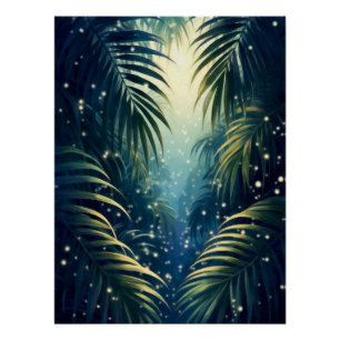 Moonlit palm leaves with fireflies, watercolor poster