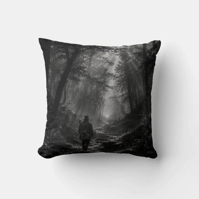 Moonlit Pine Forest Wanderer Black and White  Cushion (Front)